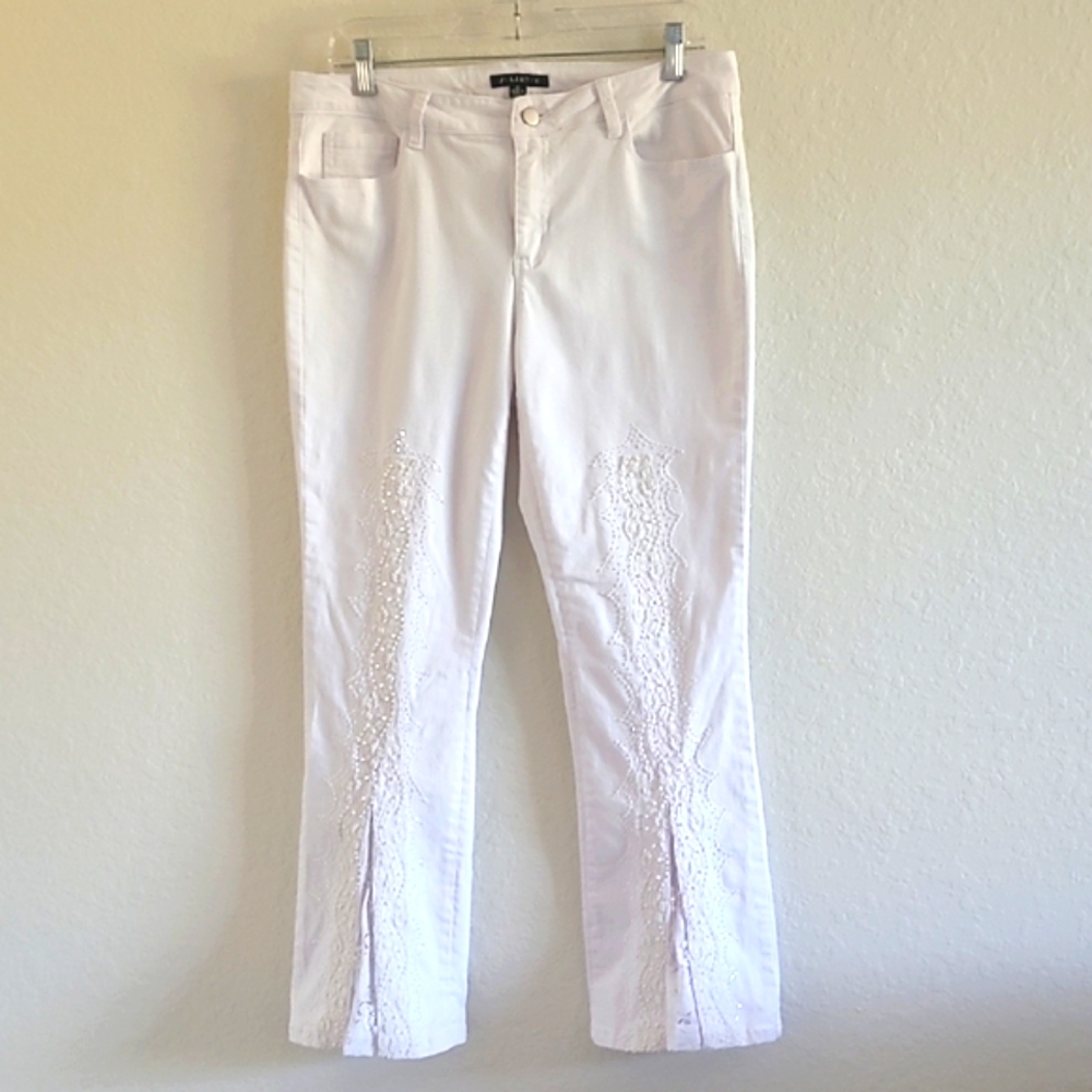 Juliette White Boot Cut Flare Pants with Embroidery Beaded Front. Like New.